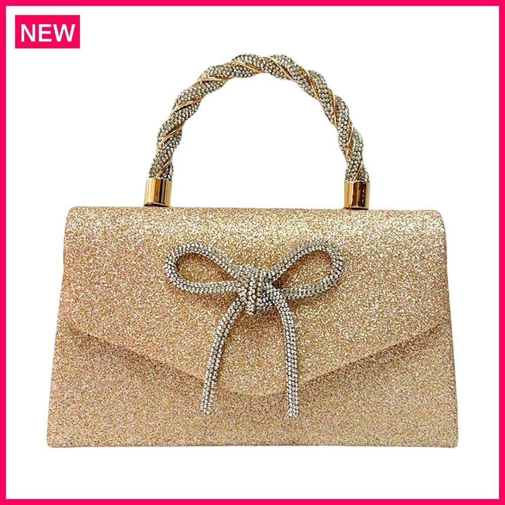 Sparkling Rhinestone Bow Clutch with Chain Strap for Formal Events